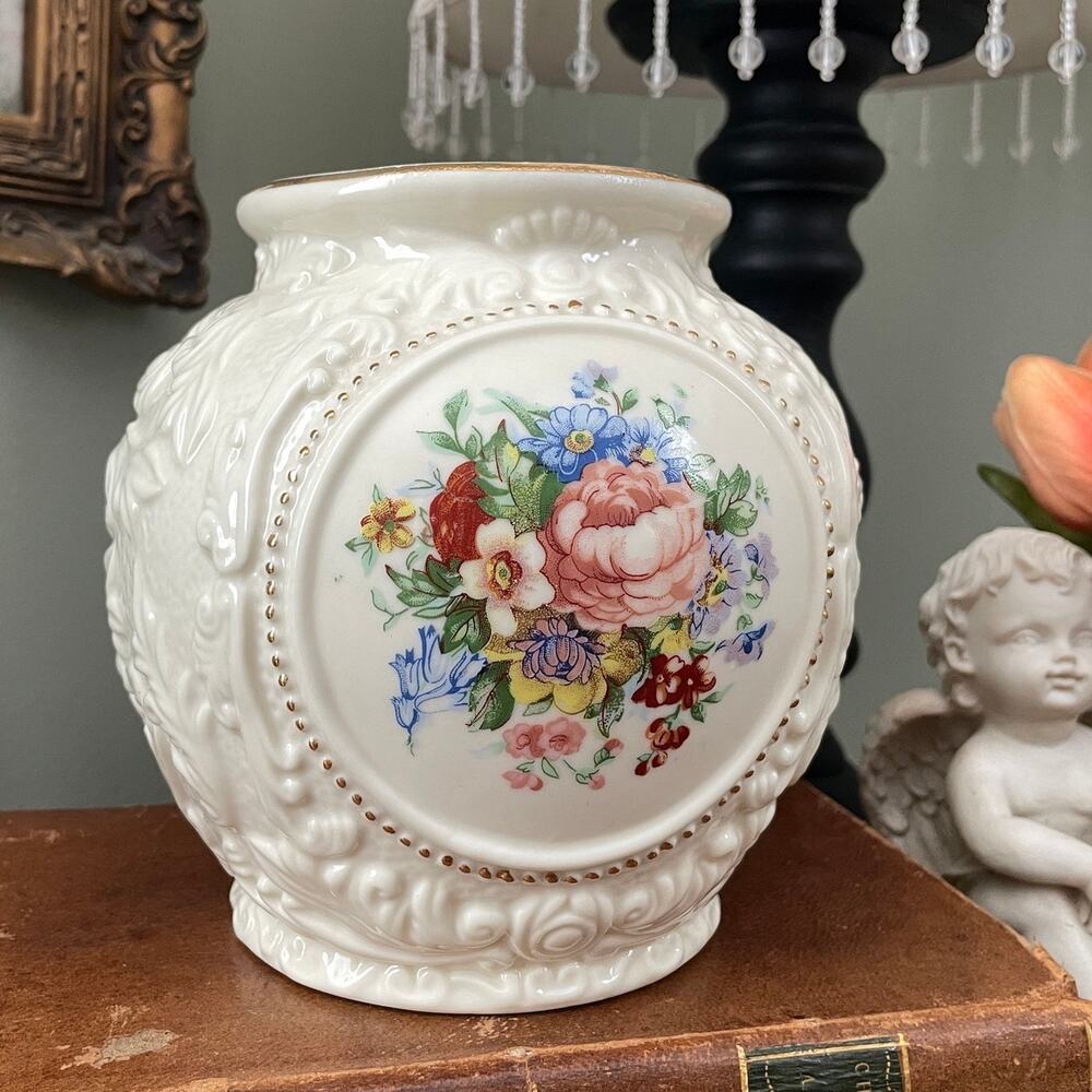 Vintage Embossed Ceramic Vase with Floral Inset and Gold Detail